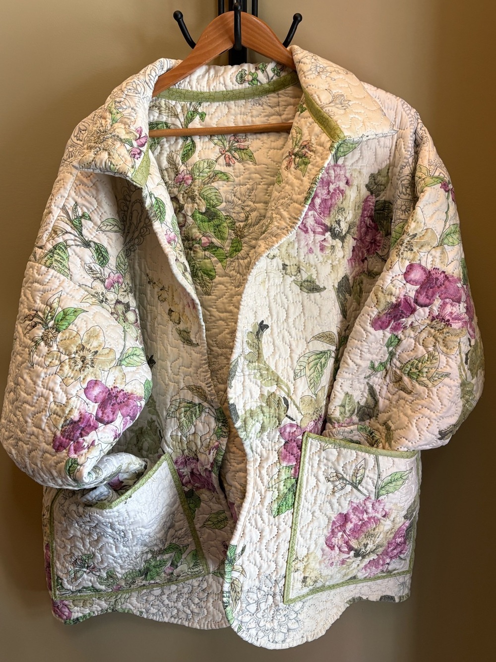 Handmade Quilted Floral Patch Pocket Jacket - Cream with Pink & Green